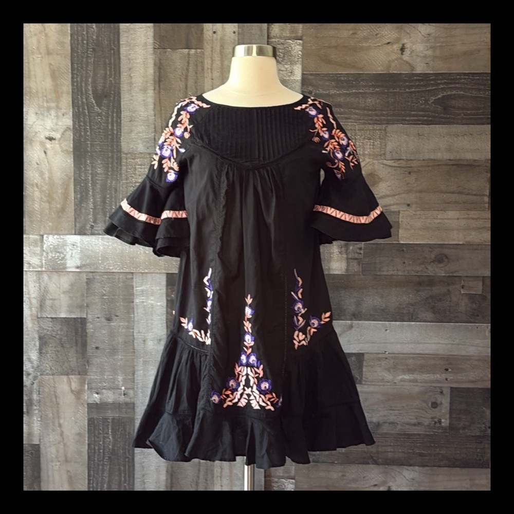 Free People black dress XSmall floral festival boho chic dark feminine fiesta